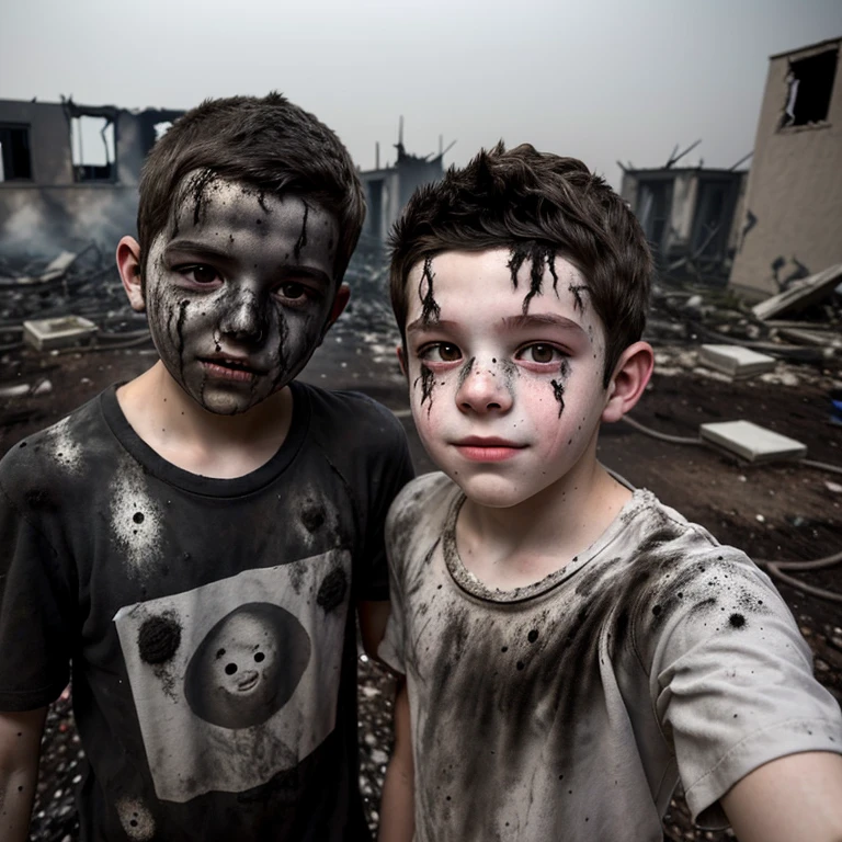 Two boys take a selfie, covered in soot and in ruins after a failed experiment