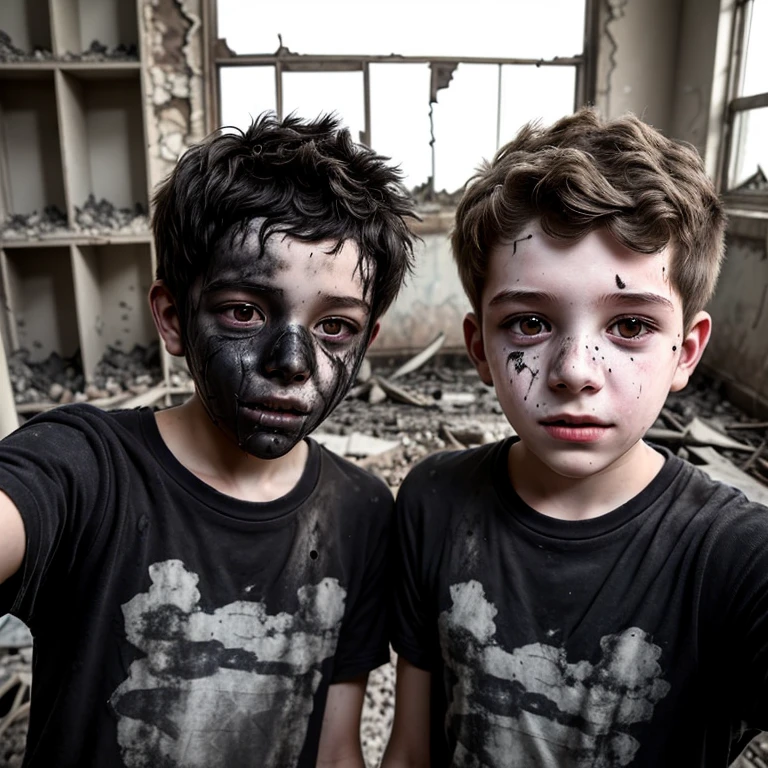 Two boys take a selfie, covered in soot and in ruins after a failed experiment