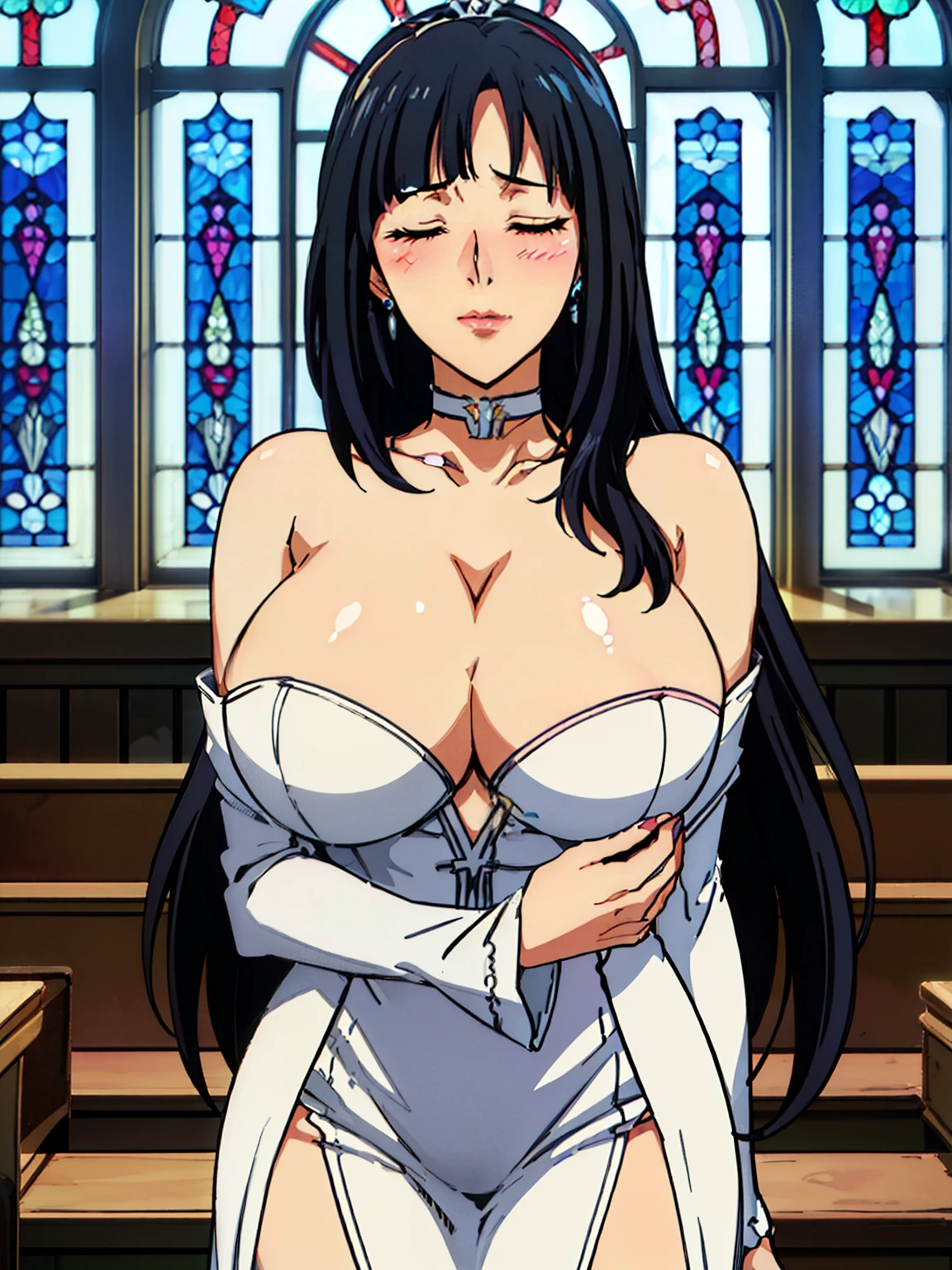 standing, want to give a kiss, (Off-the-shoulder white wedding dress, choker, silver tiara, necklace, earrings, church background, (cathedral background), stained glass, vitril, (sunny weather), Litchi Faye-Ling, mature woman, anime cels style, best quality, high resolution, 1girl, (huge breasts:1.2), beautiful face, Beautiful Finger, Beautiful long legs, Beautiful body, Beautiful Nose,Beautiful character design, black hair, very long hair, Bangs,closed eyes, (cowboy shot), (puckered up mouth), looking at viewer, lipstick, blushing