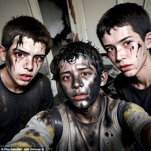 Selfie taken by four boys covered in soot and with scorched clothes after being caught in an explosion