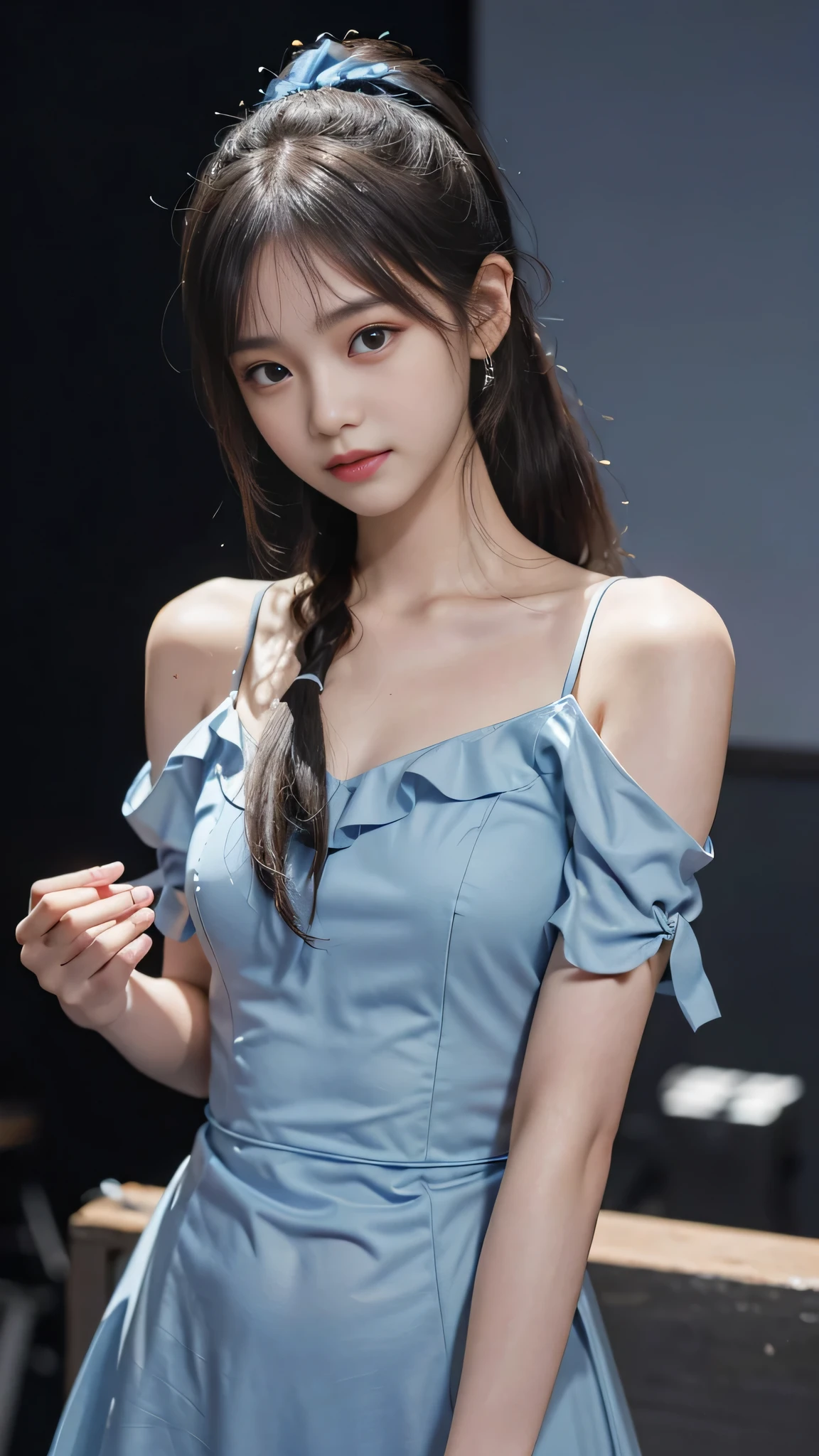 close up face,standing on stage,Blue colored long dress with lots of ruffles,One woman,masutepiece, The highest image quality, High quality, the background is clear,Beautiful woman, Japanese, Detailed, Detailed eyes, Detailed skin, Beautiful skin, 超hight resolution, (reality: 1.4),Very beautiful woman, Slightly younger face, Beautiful skin, slender, (Ultra photo realsisim), (hight resolution), (8K), (Very detailed) (beautifully detailed eyes), (super detailed), (Detailed face), view the viewer, Fine details, Detailed face, Staring straight ahead, Staring straight ahead, photos realistic, Bright lighting, Professional Lighting, Black hair,poneyTail,a baby face,fifteen years old,Hairstyle is ponytail,long ponytail hairstyle,slight smile,neat and tidy clothing,Beautiful Japanese KPOP idol photo, hair style is ponytail, my eyes are double and wide, baby face, smile and look straight ahead, slender, small breasts,Blue ribbon on head,