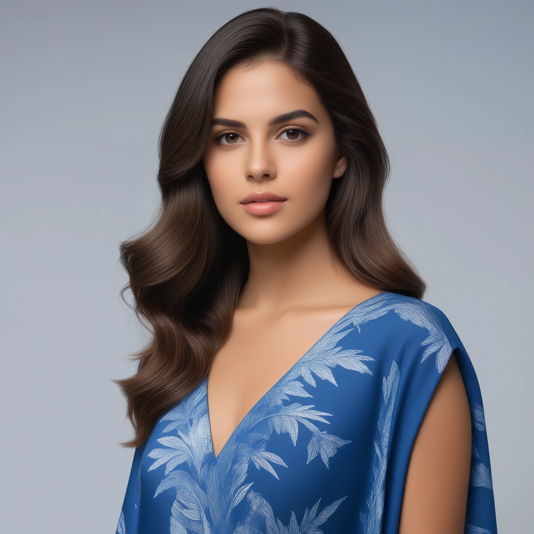 8k, Melhor qualidade, mesa, realista, O ultra-detalhado, fotografia realista, Um hiper-realista, softer lighting, increase the quality of cinematic lighting, photorealistic lighting, Back lighting, luz brilhante, Aumentar a qualidade, Peles com textura real de alta qualidade, fechar-se, delgado, rosto fofo, olhos lindos e detalhados, atriz camila queiroz, 19 anos, cabelo marrom muito liso, thin and long to the hip, em um quarto minimalista tropical, vestido kaftan curto de linho azul marinho