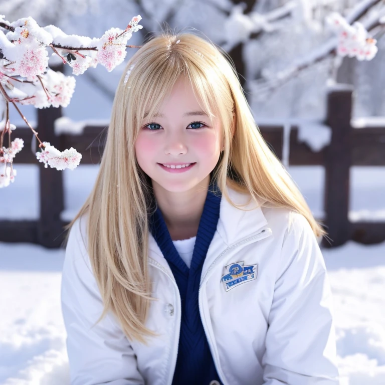 blonde medium length gal petite high school student snow cherry blossoms shy smile