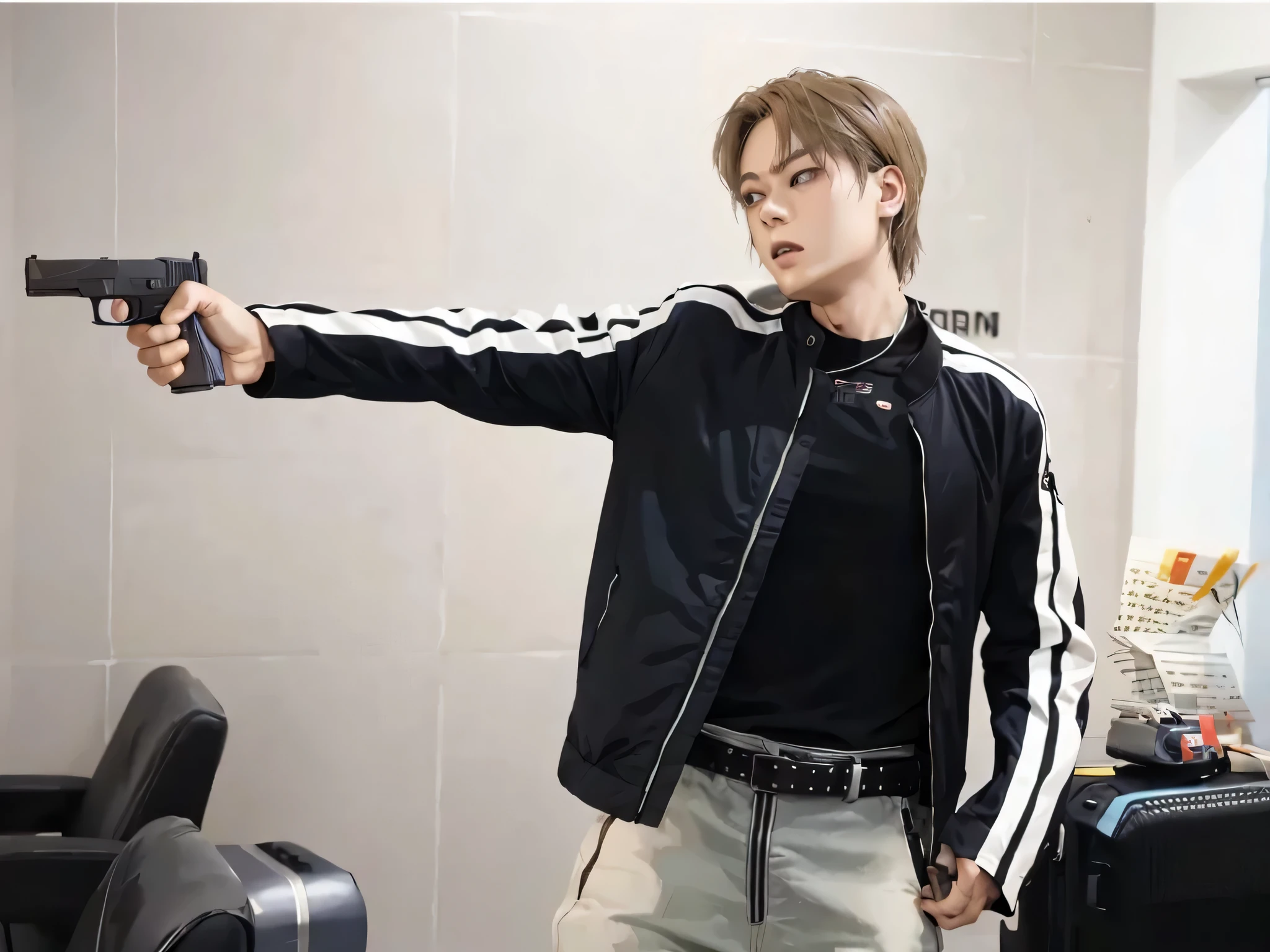 there is a man holding a gun in a room, Jung Jaehyun, Cai Xu Kun, park Jimin, con pistola, Jimin, jungkook, disparada con nikon z9, capturado en canon eos r 6, disparado con canon eos r5, disparado con canon eos r 5, hyung tae, in an action pose, pose de tiro, jossi de blackpink, marca lee