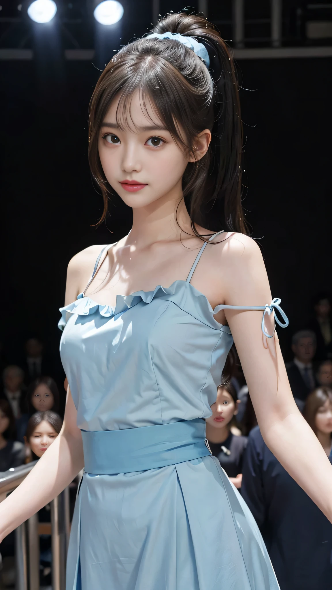 close up face,standing on stage,Blue colored long dress with lots of ruffles,One woman,masutepiece, The highest image quality, High quality, the background is clear,Beautiful woman, Japanese, Detailed, Detailed eyes, Detailed skin, Beautiful skin, 超hight resolution, (reality: 1.4),Very beautiful woman, Slightly younger face, Beautiful skin, slender, (Ultra photo realsisim), (hight resolution), (8K), (Very detailed) (beautifully detailed eyes), (super detailed), (Detailed face), view the viewer, Fine details, Detailed face, Staring straight ahead, Staring straight ahead, photos realistic, Bright lighting, Professional Lighting, Black hair,poneyTail,a baby face,fifteen years old,Hairstyle is ponytail,long ponytail hairstyle,slight smile,neat and tidy clothing,Beautiful Japanese KPOP idol photo, hair style is ponytail, my eyes are double and wide, baby face, smile and look straight ahead, slender, small breasts,Blue ribbon on head,