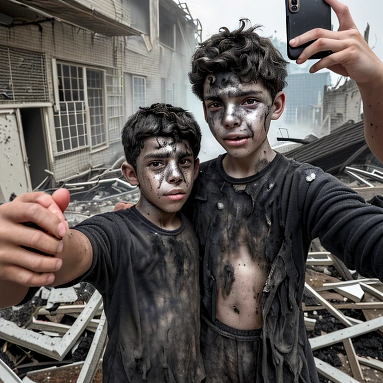 Two boys take a selfie, covered in soot and in ruins after a failed experiment