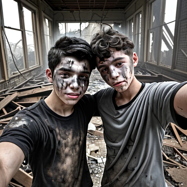 Two boys take a selfie, covered in soot and in ruins after a failed experiment