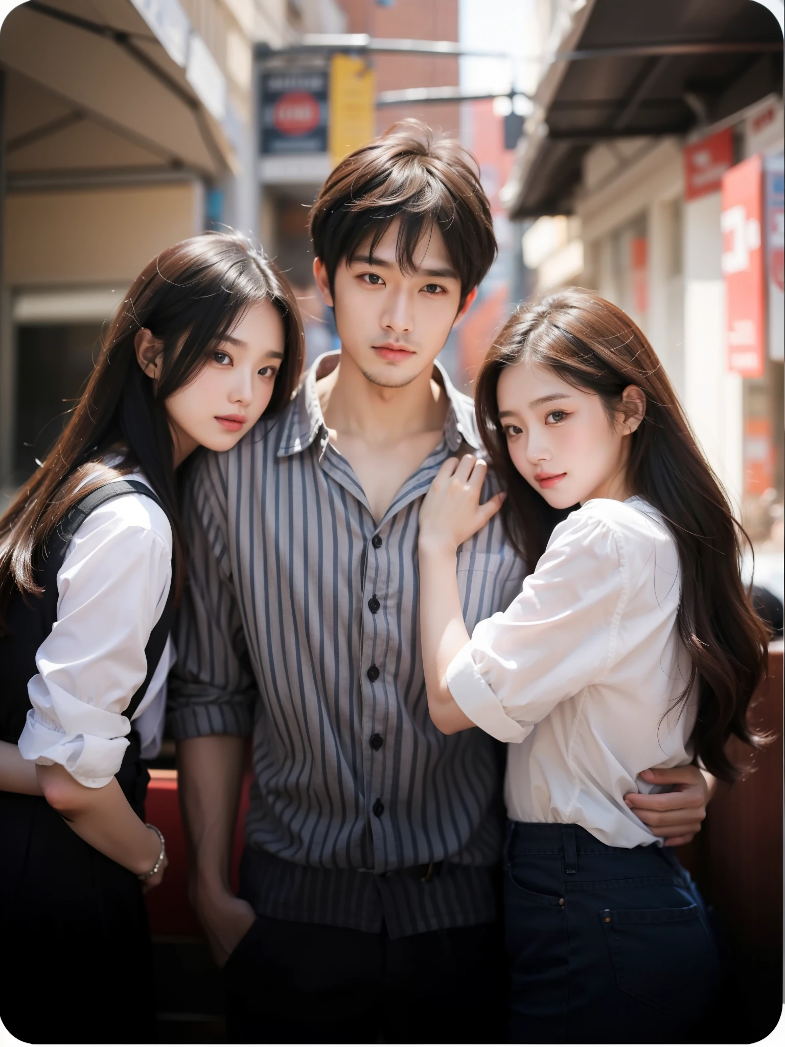 couple with two girls and a man, HD quality, 16k, best quality, close each other, perfect face, blur background