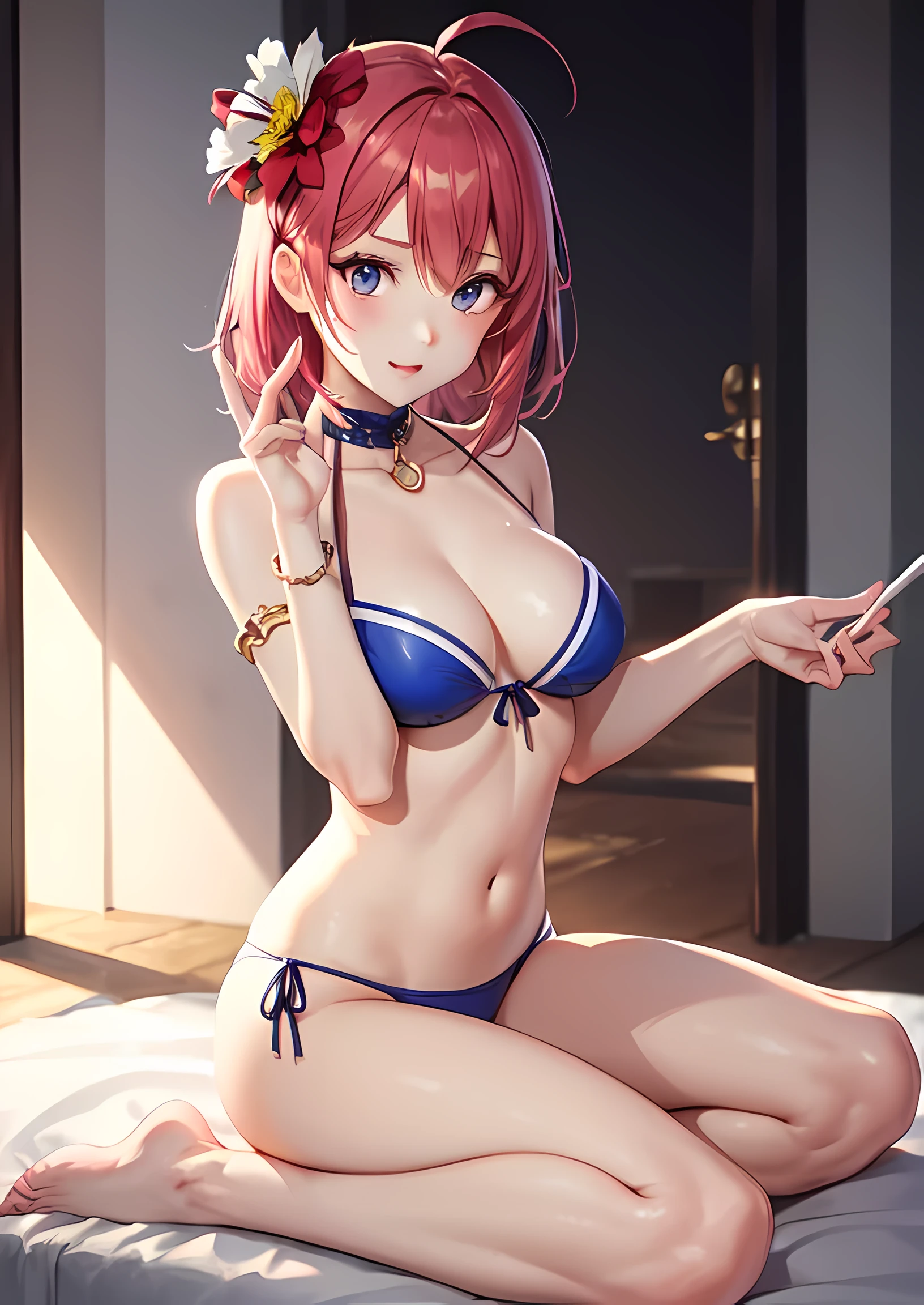 best quality、Photoreal、Super fine illustration、beautiful and charming anime girl、Eris Greyrat、Red hair、red eye、Ahoge,(serious expression、close your mouth)、(tall、slim body、(small breasts)、firm round chest,)、The only girl、girl pictures、 Wear a tie-side bikini、Attractive mouth、Makeup、impressive red lips,