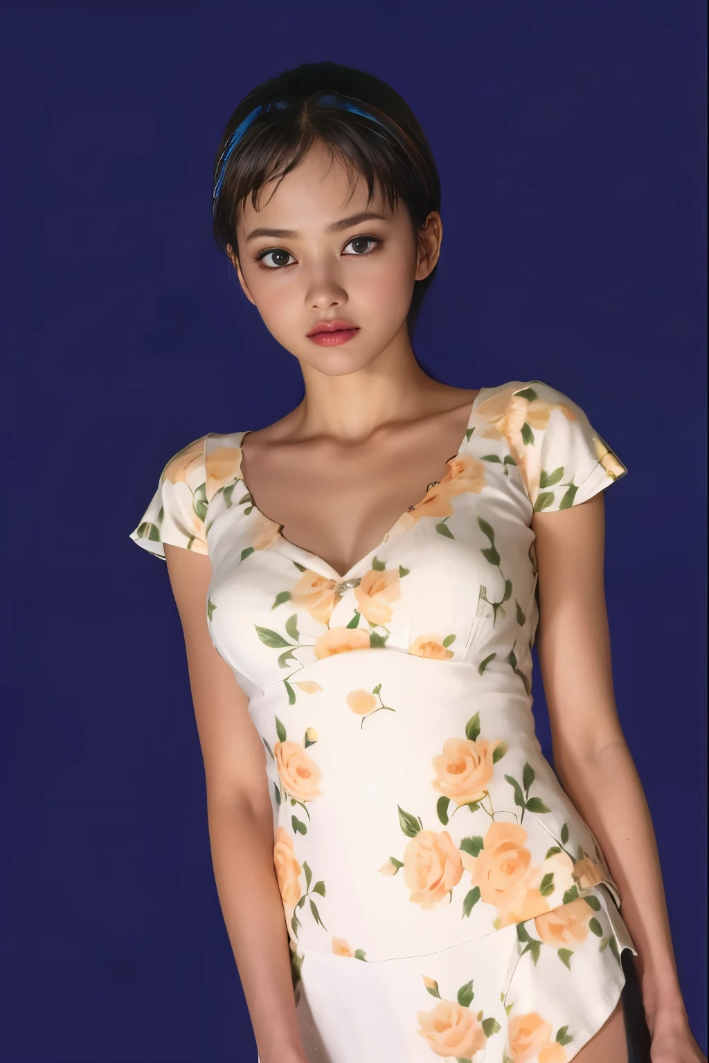 Best Quality, masutepiece, (Photorealistic:2), Ultra High Resolution, Highly detailed, A hyper-realistic, 1girl in, ((head phone)), (Longer dress), Floral pattern, colourfull_hair、(((very_Short_hair))), Short hair, Slim body, Full Shot, Looking at Viewer, ((Music Studio)),  Bright atmosphere, spot light, Detailed background