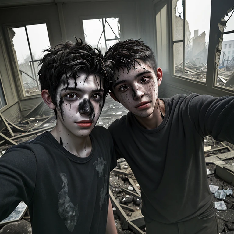 Two boys take a selfie, covered in soot and in ruins after a failed experiment