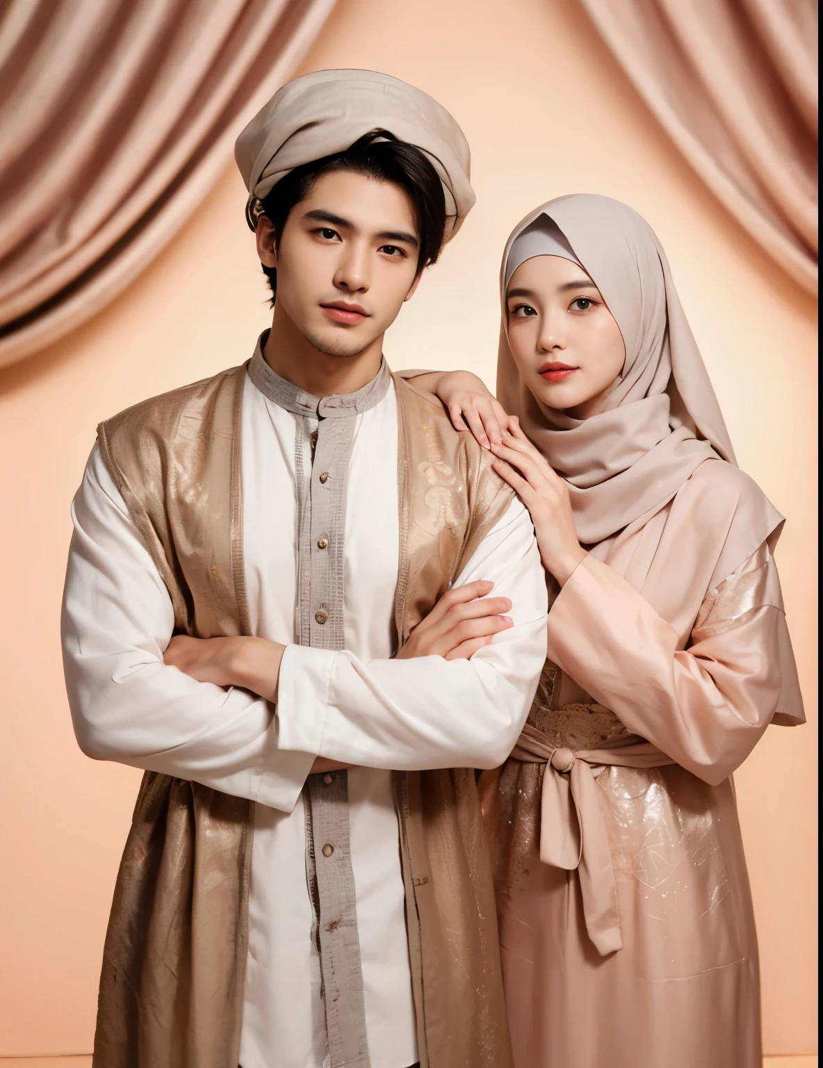A man and hijab girl,primitive, Masterpiece, ultra fine photos, Best quality, Ultra-high resolution, Realistic, Sunny, full-body portraits, Amazing man, Dynamic posture, exquisite face, Vibrant eyes, Very detailed background, Detailed face, detailed tidy background, Gorgeous, High detail skin, Realistic skin details, Visible pores, Clear focus, volume fog, 8K UHD, Digital SLR, High quality, filmgrain, Fair skin, Realism,(((Handsome man and beautiful girl:1.4)))