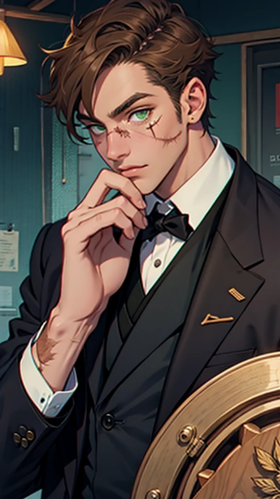 short brown hair, man with scarred face, stitches, green eyes, 1930's black snazzy suit
