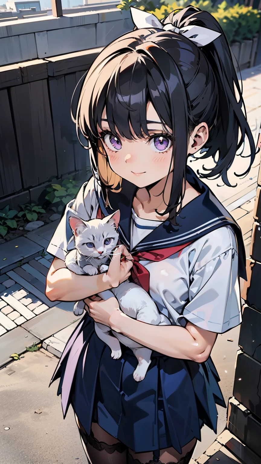 sailor suit, one woman, (a beauty woman, delicate schoolgirl:1.3), 8K, highest quality, masterpiece, Super detailed, ultra high resolution, realistic, RAW photo, absolute resolution, black hair, ponytail tied with a ribbon, small face compared to body, very small face, black hair, navy blue sailor suit, navy blue skirt, High school girl wearing a sailor suit, Anime 2D rendering, realistic若いアニメの女子高生, , ((white headband)), position looking down from above, small breasts, tall, slanted eyes, purple eyes, (school scenery), black stockings, garter belt, smile, Holding a kitten, Petting a kitten on the head,