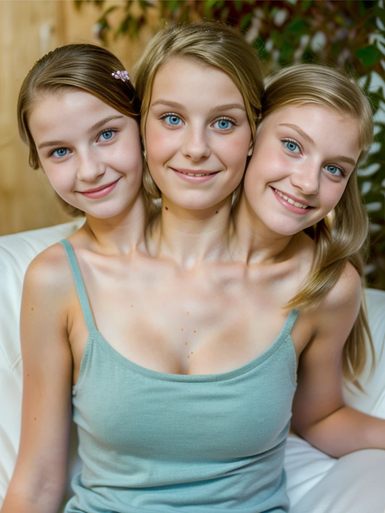 3heads, three headed girl, (conjoined:1.5), (a girl and a 14 year old 19 year old girl:1.5), (one blonde and one brunette:1.3)