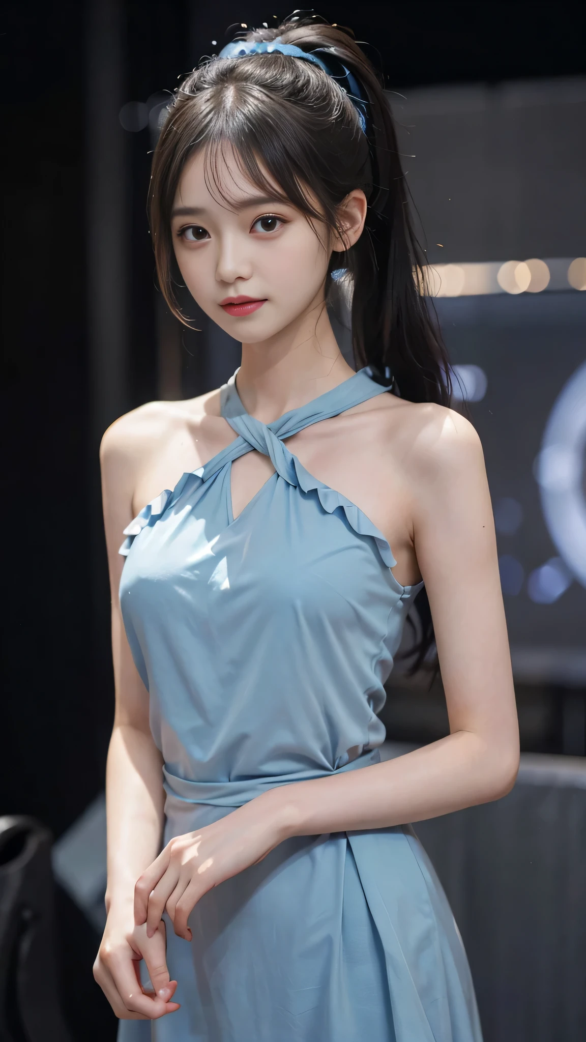 close up face,standing on stage,Blue colored long dress with lots of ruffles,One woman,masutepiece, The highest image quality, High quality, the background is clear,Beautiful woman, Japanese, Detailed, Detailed eyes, Detailed skin, Beautiful skin, 超hight resolution, (reality: 1.4),Very beautiful woman, Slightly younger face, Beautiful skin, slender, (Ultra photo realsisim), (hight resolution), (8K), (Very detailed) (beautifully detailed eyes), (super detailed), (Detailed face), view the viewer, Fine details, Detailed face, Staring straight ahead, Staring straight ahead, photos realistic, Bright lighting, Professional Lighting, Black hair,poneyTail,a baby face,fifteen years old,Hairstyle is ponytail,long ponytail hairstyle,slight smile,neat and tidy clothing,Beautiful Japanese KPOP idol photo, hair style is ponytail, my eyes are double and wide, baby face, smile and look straight ahead, slender, small breasts,Blue ribbon on head,