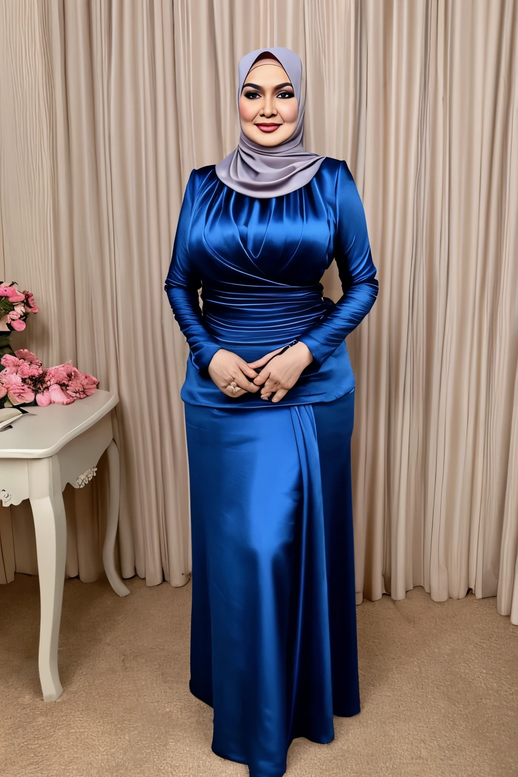 Malay mature woman, satin dress with satin long skirt, hijab, big tits,