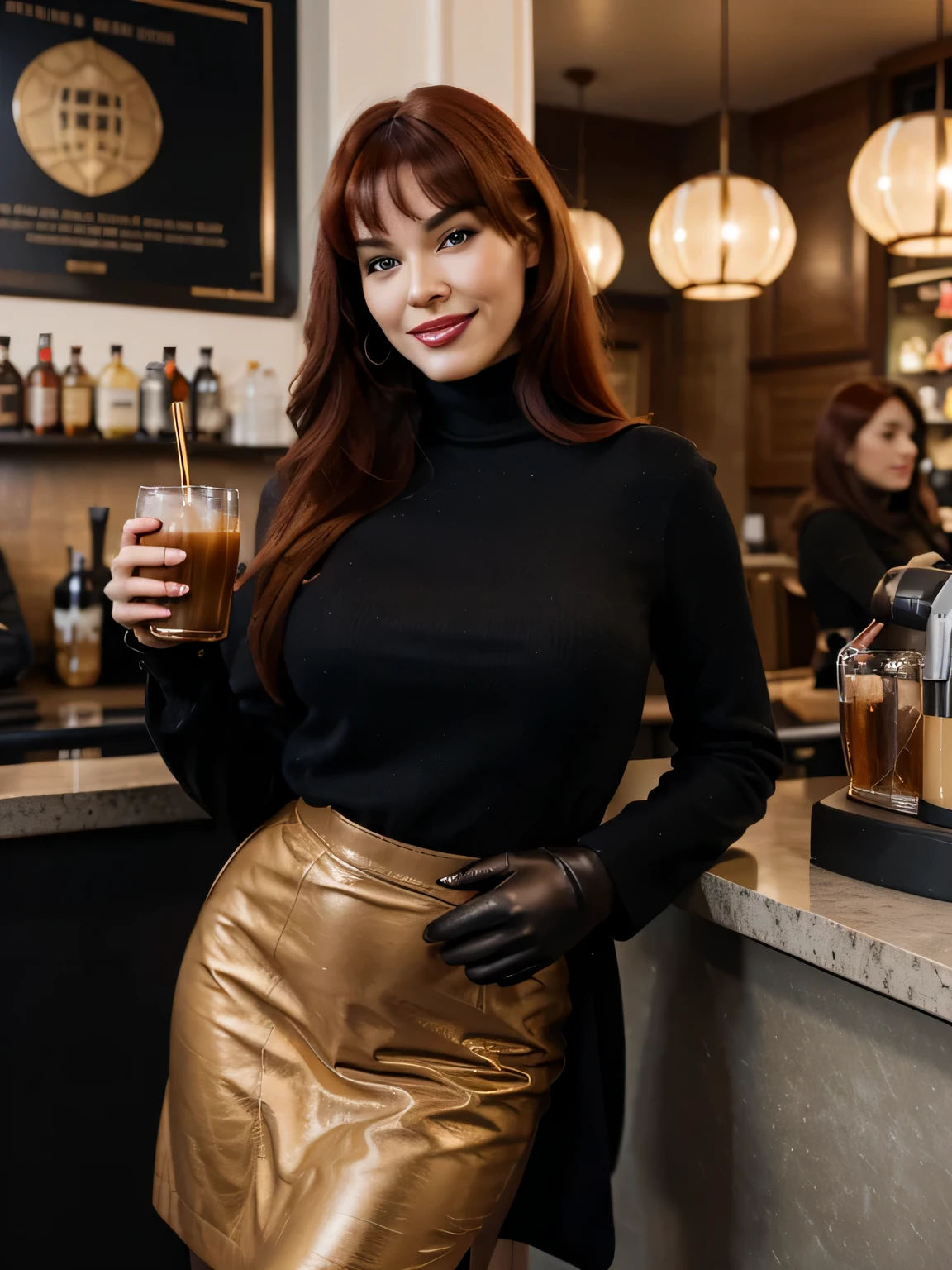 A beautiful smiling lips open Bettie page with red hair in a dark blue long loose coat black leather gloves in a large black turtleneck with a gold small round pendant in a maxy leather brown pencil skirt with a side slit standing in a cafe on the street on Nevsky Prospekt with a computer and a burgundy bag and drinks coffee, she wants to make love with me now,photo captured in stunning Ultra HD, 8k resolution, Nikon D850,