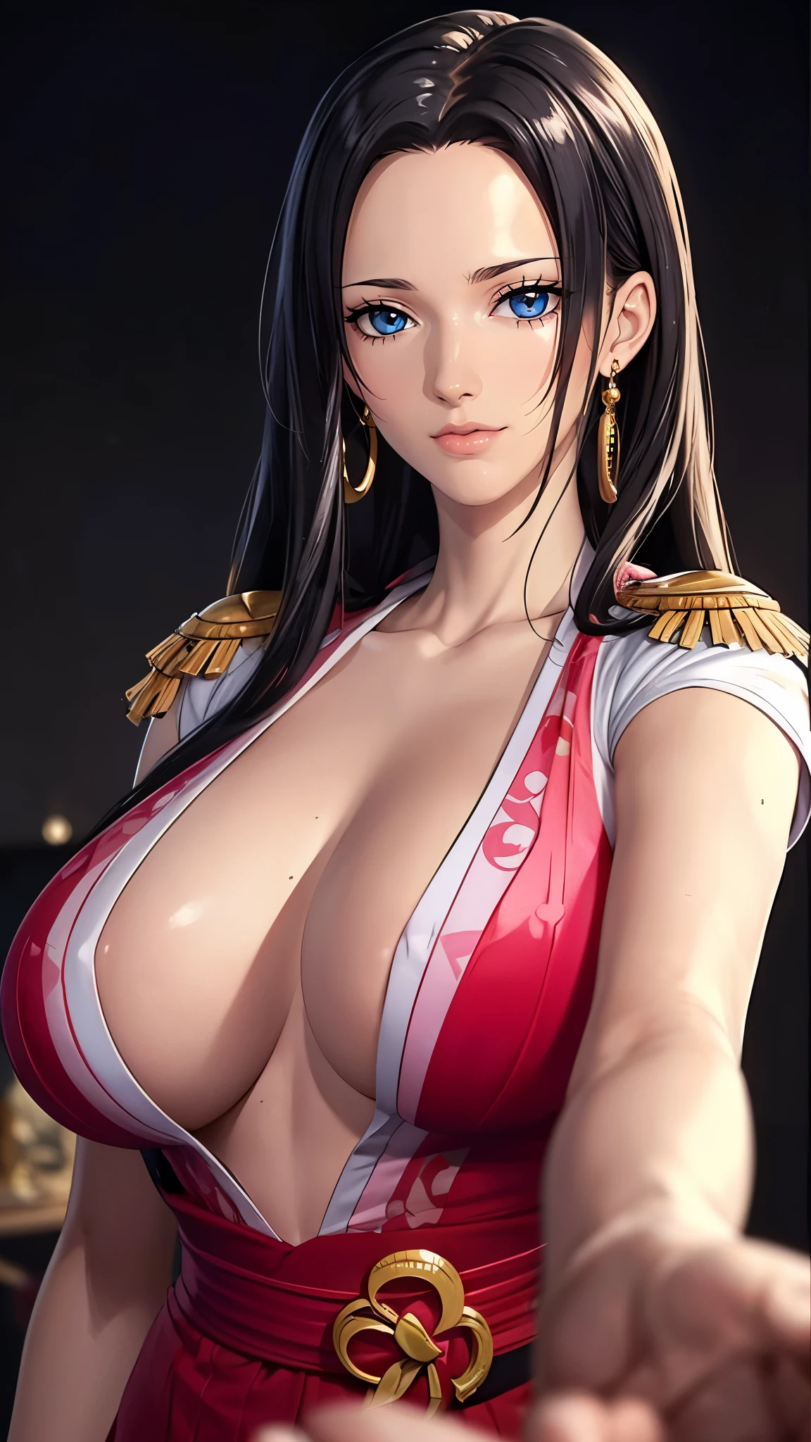 （（（完美figure，figure，Red chinese dress, （（（boa hancock，Dark long hair, combed with a chiffon hairstyle, slightly wide forehead smooth and flat, deep blue eyes, slender and delicate corners of the eyes, almond eyes exuding a hint of coldness, nose bridge high and straight, nose small and delicate, lips soft without any wrinkles. Wearing a pair of snake shaped golden earrings under the ears）））((masterpiece)),high resolution, ((Best quality at best))，masterpiece，quality，Best quality，（（（ Exquisite facial features，looking at the audience,There is light in the eyes，Happy，lol））），型figure:1.7））），（（（Interlacing of light and shadow，huge boobs））），（（（looking into camera，black background，Exaggerated perspective , ultra wide shot,
blurry hand foreground）））