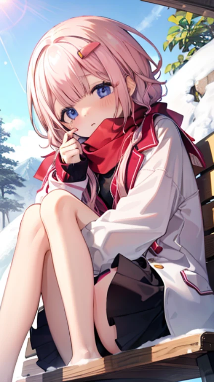 、Peep、A sneak peak、Shyness、blush、embarrassing、blush、peak、、sit with legs stretched out、bench、顔をscarfで隠す、put on a coat、snow原、snow像、snow、cold、scarf、scarfを巻く、降snow高解像度、Full HD、8K quality、、、droopy eyes、、、highlight on eyes、lively eyes、clear eyes、Beautiful eyes、、口元をscarfで覆う、、look down、look away、embarrassed、blush、、View from an angle、Side and oblique view、、highlight on eyes、、、highlight on eyes、Insanely beautiful eyes