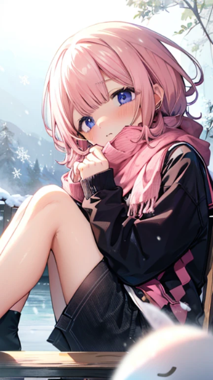 、Peep、A sneak peak、Shyness、blush、embarrassing、blush、peak、、sit with legs stretched out、bench、顔をscarfで隠す、put on a coat、snow原、snow像、snow、cold、scarf、scarfを巻く、降snow高解像度、Full HD、8K quality、、、droopy eyes、、、highlight on eyes、lively eyes、clear eyes、Beautiful eyes、、口元をscarfで覆う、、look down、look away、embarrassed、blush、、View from an angle、Side and oblique view、、highlight on eyes、、、highlight on eyes、Insanely beautiful eyes