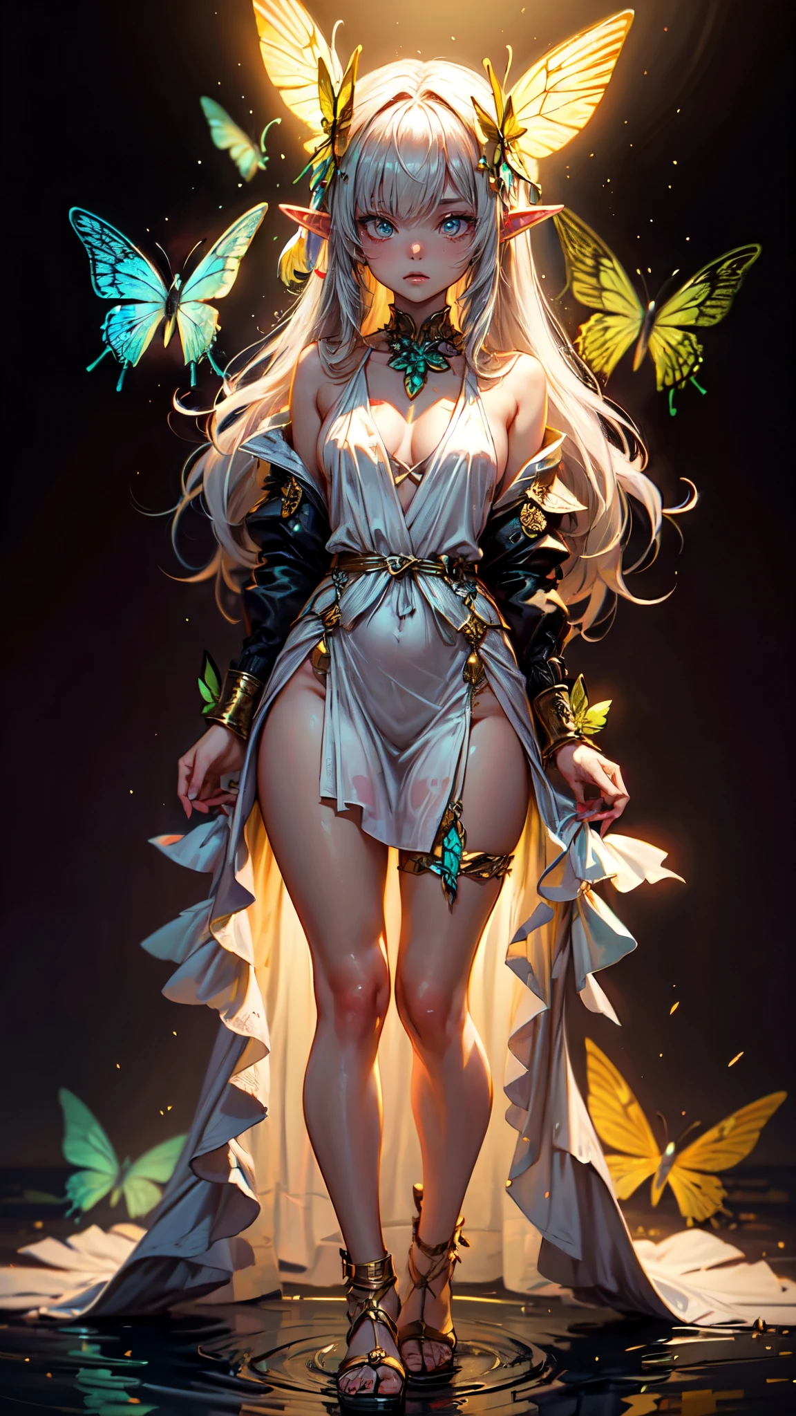 ((Best quality)), ((masterpiece)), (highly detailed:1.3),a woman white hair fringe elf dress neon gold accessories, standing shy look flushed, detailed face detailed eyes, detailed hands, butterfly, neon colors, half naked, full body