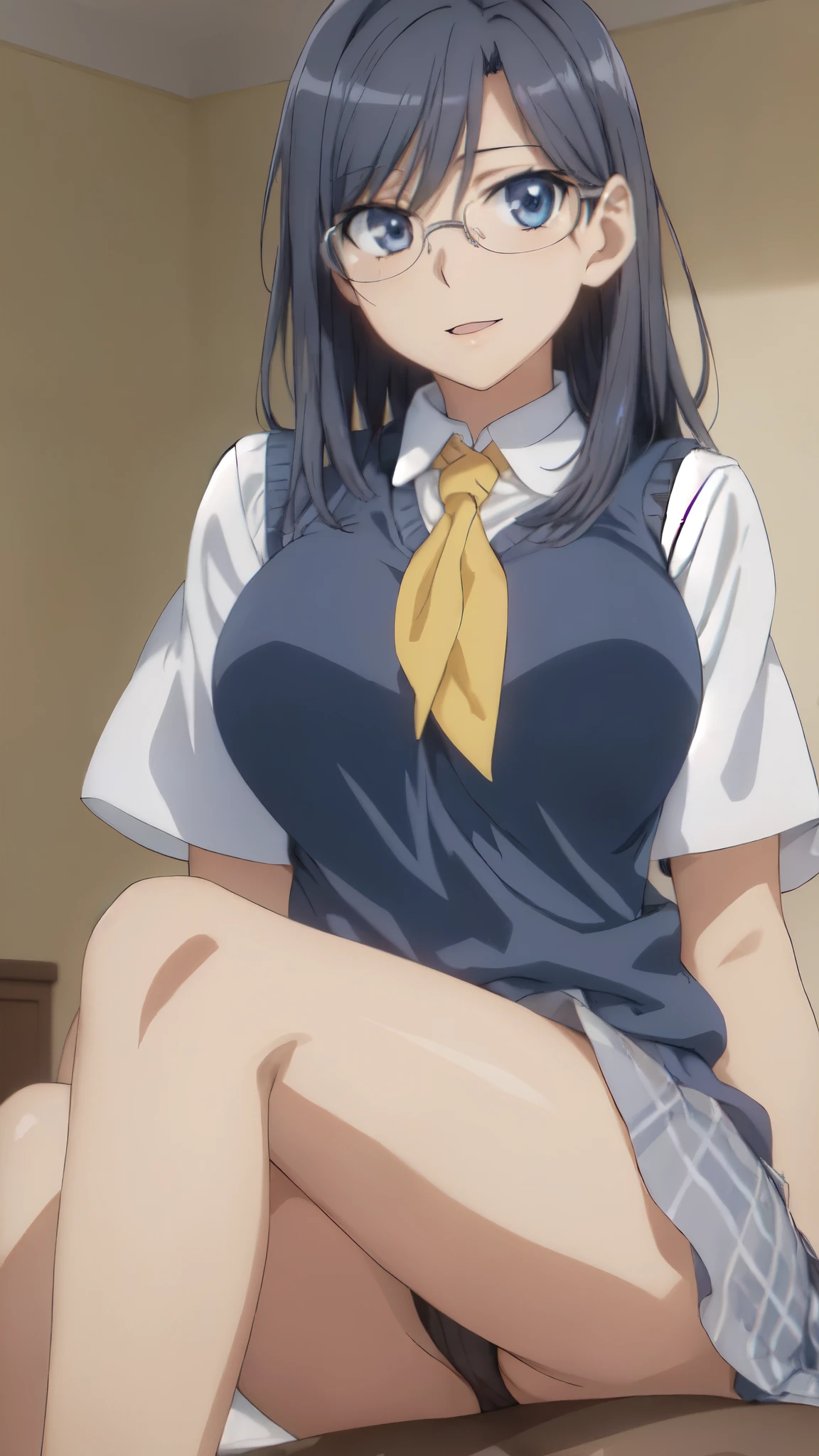 (masterpiece:1.3),Bright colors,very accurate and detailed,ultra high resolution,Highly detailed CG Unity 8K wallpaper,(realistic,Photoreal,超realistic:1.3),(from below:1.3),(Aesthetic Anime Eyes:1.4),bright room,beautiful breasts,chromatic_aberration,beautiful detailed shadows,beautiful eyes,beautiful body,beautiful skin,beautiful hands,(aesthetic anime eyes,(thin:1.3),beautiful thighs,(bright room,Bright colors),(straight hair),NSFW,(skirt lift:1.3),(black panties:1.2),(show off panties:1.2),(bright yellow neckerchief:1.2),(Blue Vest:1.2),
(semi-long:1.2), (black hair, blue eyes, Glasses:1.3),(26 years old:1.3),collared shirt,(big breasts:1.3),short sleeve, armband, plaid skirt, gray skirt, indoors, (sitting:1.4), smile, open your mouth a little,