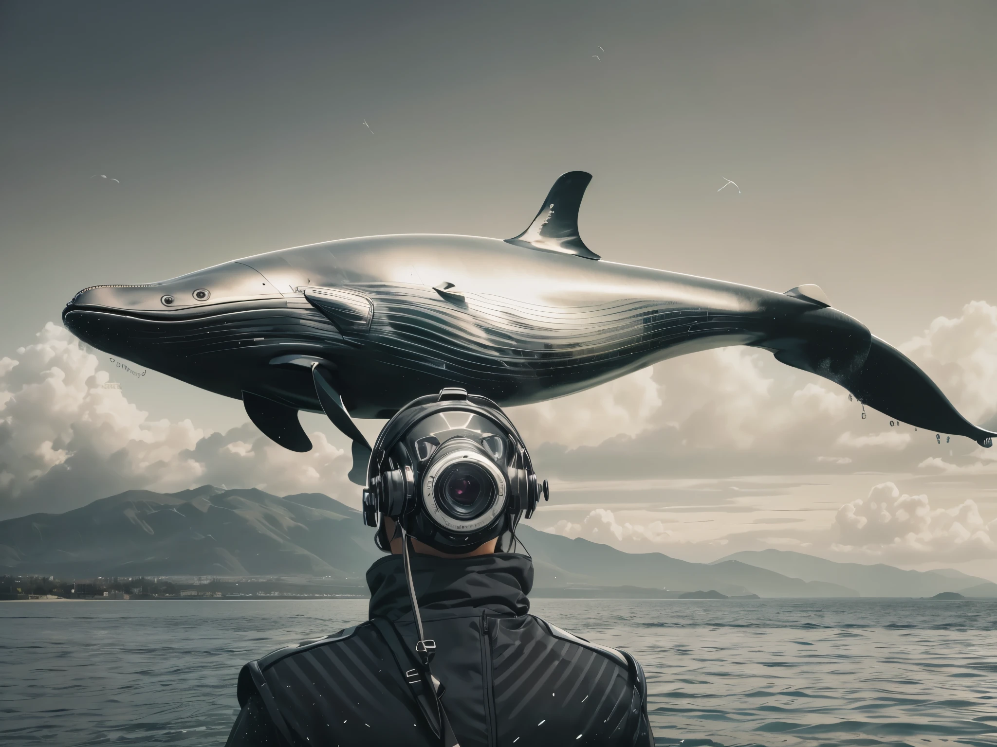 A portrait of a whale dressed as a diver, capturing the surreal moment in magazine photography style --ar 3:4 --stylize 300