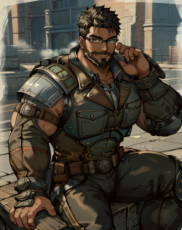 Masterpiece, Best Quality, Ultra-Detailed, 1man, 30 years old, stud, hunk, bara, muscular, jock, huge muscles, black hair, black beard, ((full beard:1.0)), black mustache, green eyes, steampunk googles on head, steampunk armor, (((sleeveless armor:1.0))), steampunk bracelets, looking at the viewer, happy expression, sitting