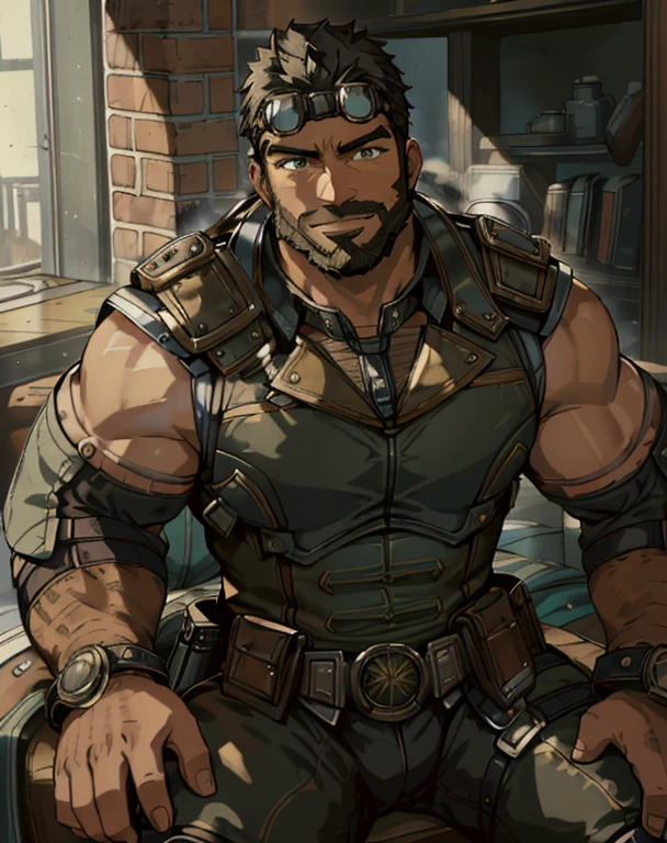 Masterpiece, Best Quality, Ultra-Detailed, 1man, 30 years old, stud, hunk, bara, muscular, jock, huge muscles, black hair, black beard, ((full beard:1.0)), black mustache, green eyes, steampunk googles on head, steampunk armor, (((sleeveless armor:1.0))), steampunk bracelets, looking at the viewer, happy expression, sitting