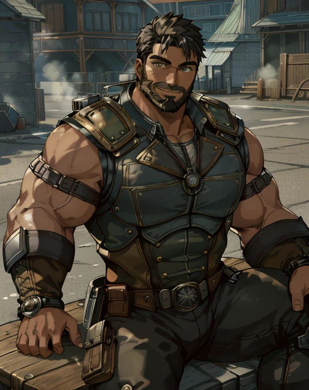 Masterpiece, Best Quality, Ultra-Detailed, 1man, 30 years old, stud, hunk, bara, muscular, jock, huge muscles, black hair, black beard, ((full beard:1.0)), black mustache, green eyes, steampunk googles on head, steampunk armor, (((sleeveless armor:1.0))), steampunk bracelets, looking at the viewer, happy expression, sitting