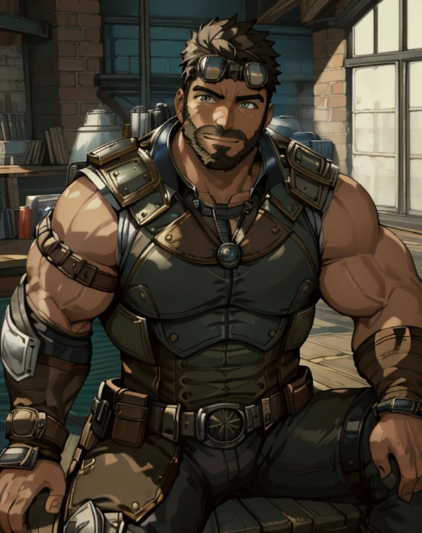 Masterpiece, Best Quality, Ultra-Detailed, 1man, 30 years old, stud, hunk, bara, muscular, jock, huge muscles, black hair, black beard, ((full beard:1.0)), black mustache, green eyes, steampunk googles on head, steampunk armor, (((sleeveless armor:1.0))), steampunk bracelets, looking at the viewer, happy expression, sitting