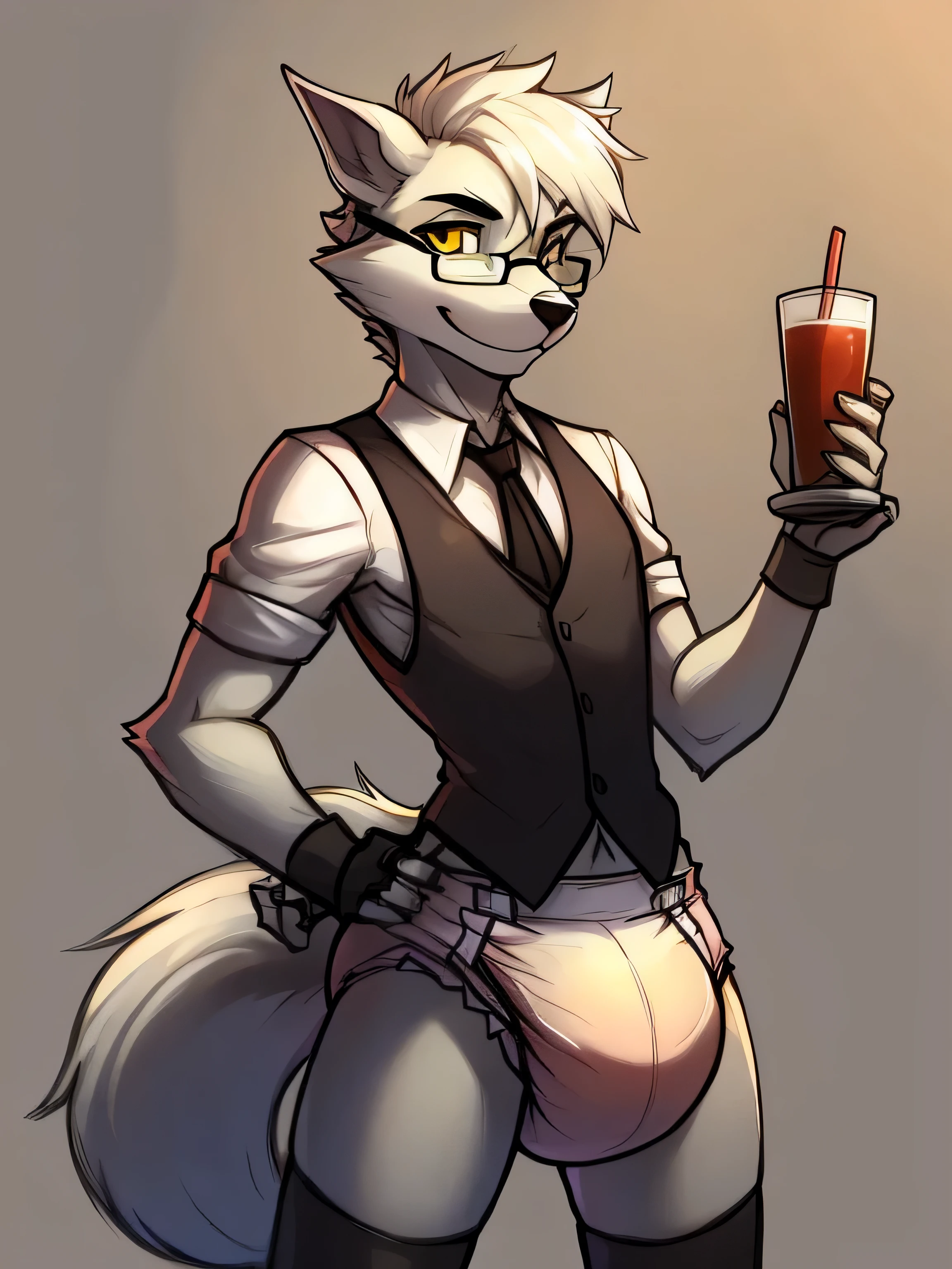 male, arctic wolf, detailed yellow eyes, thick big plain diaper, slim, sly, glasses, simple background, tail, bartender