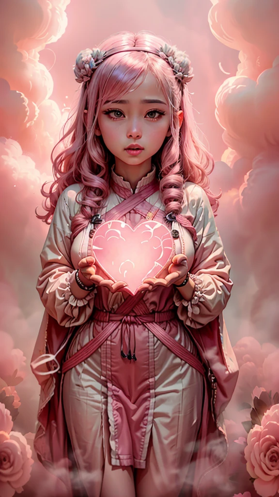 spiritual、30 years old、恋の女god、美の女god、From quite far away、quite small、5cm、In the fog、fantasy、Backlight、god々new、pink heart shaped cloud、Overall pink　Overall heart shape