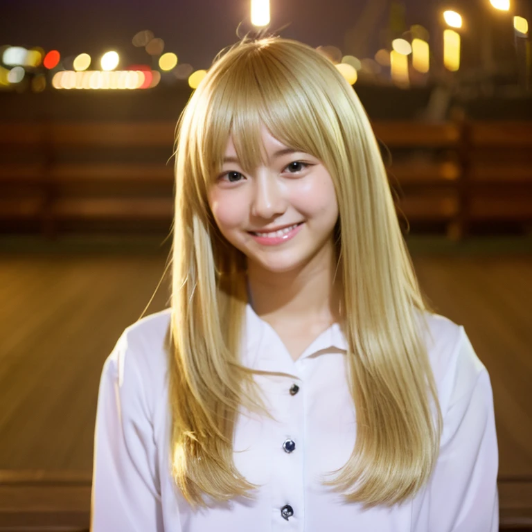 blonde medium length shy smile petite night full body shot Mikuru Beam