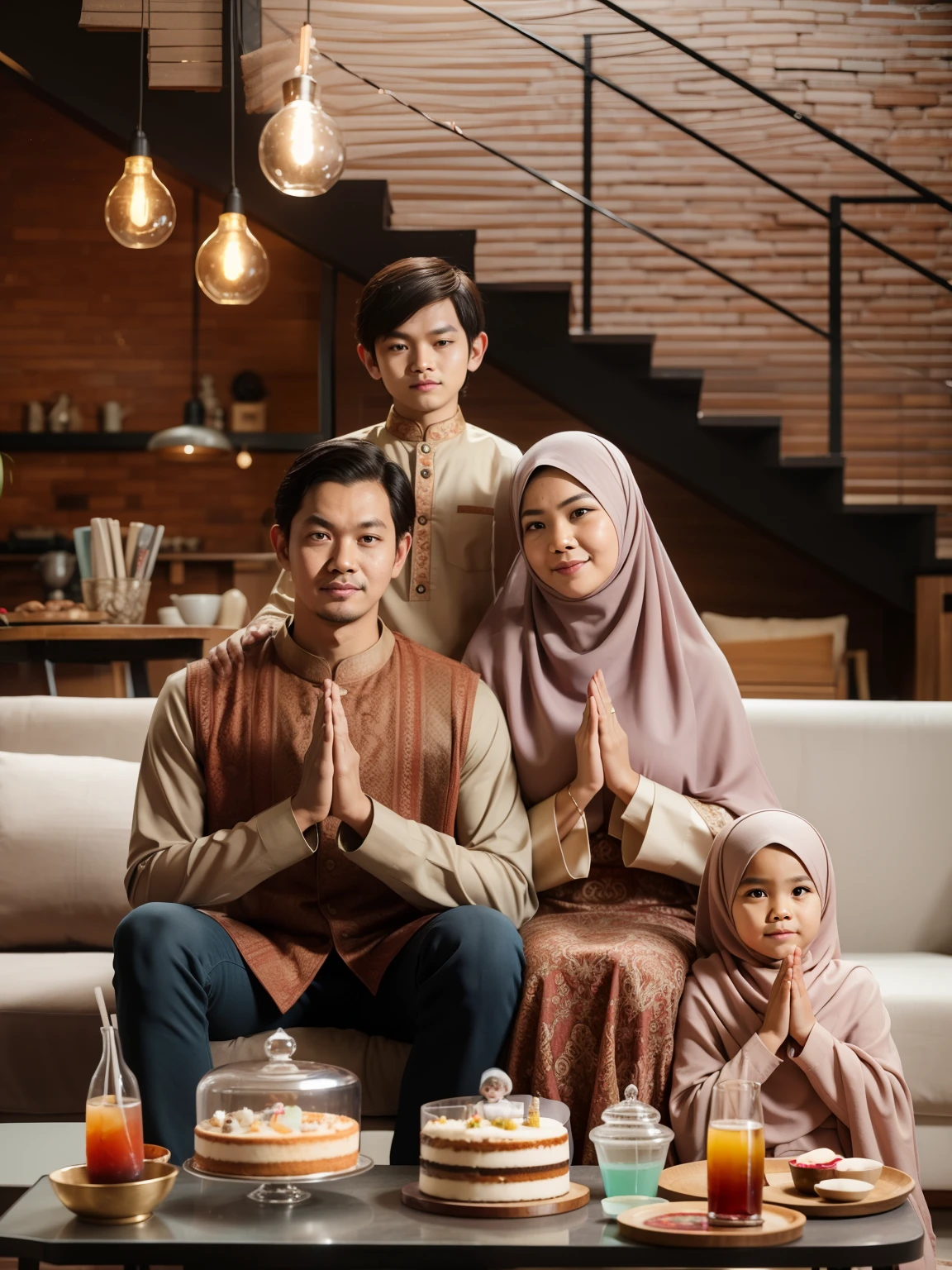 there are three people sitting on a couch with a cake, an indonesian family portrait, happy family, shutterstock, family portrait, portrait shot, barong family, muslim, by Basuki Abdullah, husband wife and son, portrait of family of three, istock, home photography portrait, taken with canon 5d mk4, mourning family, family