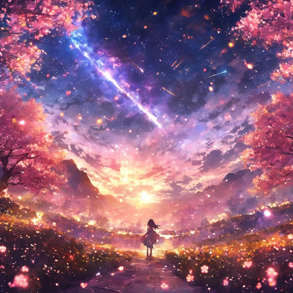 masterpiece, concept art, panorama, in the center, shape, wide shot, flower garden, night, (meteor), Space galaxy background, (great composition, epic proportion), dynamic lighting, bright colors, cherry blossoms,1 girl,