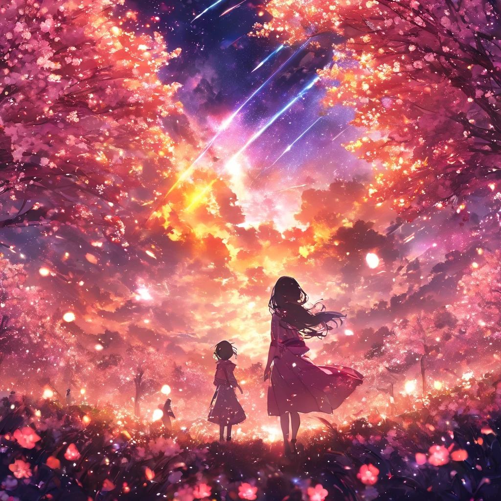 masterpiece, concept art, panorama, in the center, shape, wide shot, flower garden, night, (meteor), Space galaxy background, (great composition, epic proportion), dynamic lighting, bright colors, cherry blossoms,1 girl,