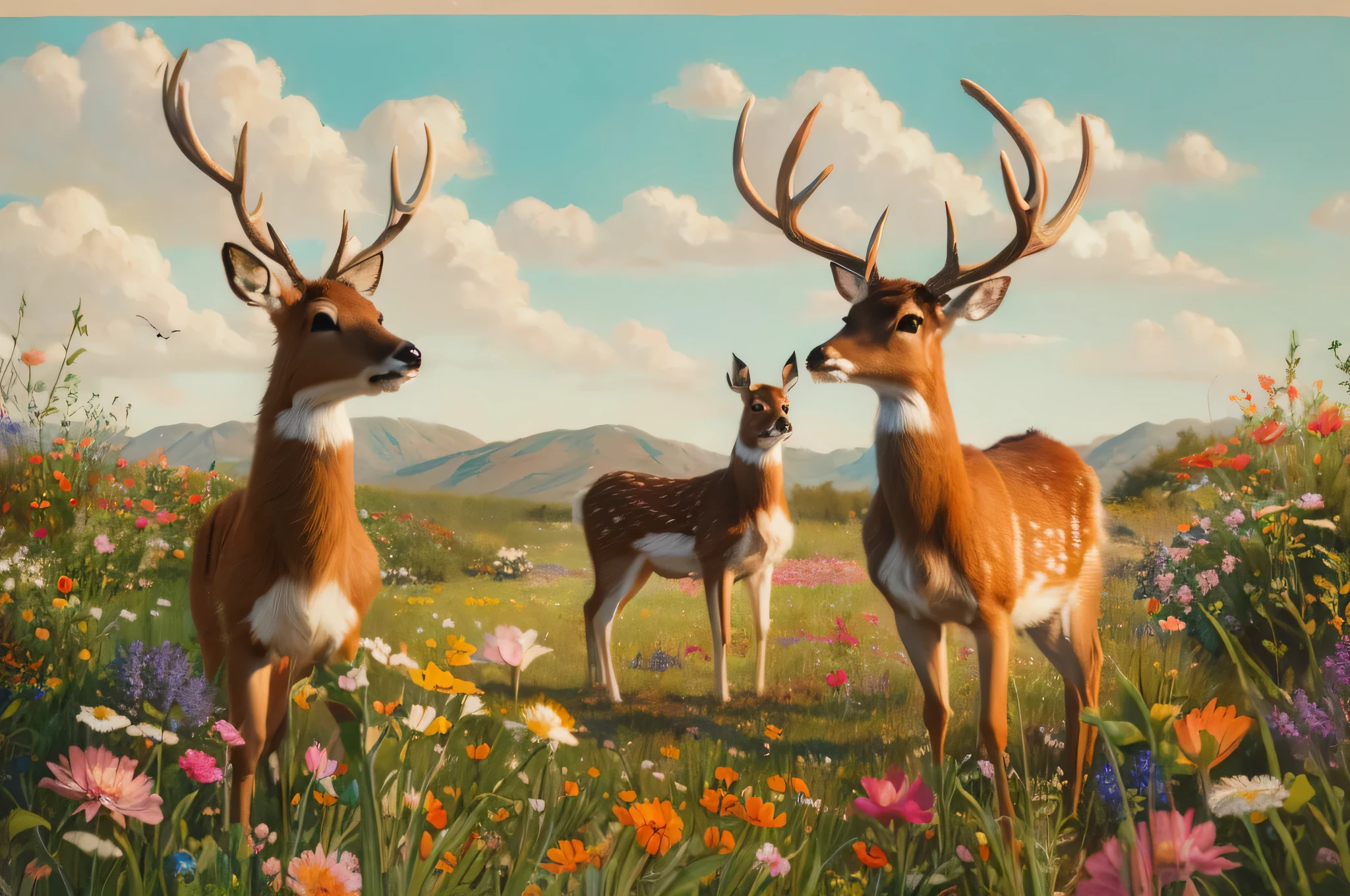 there are two deer standing in a field of flowers, Maksimilijan Vanka's ultra-detailed paintings, Douban, qajar art, deer, Traditional folk art style, faun, Fred Tomaselli, Flora and Fauna, Gorgeous, Retro European Folk Art, Velvet Art, Jane Newland, Two deers in suits, beautiful depiction