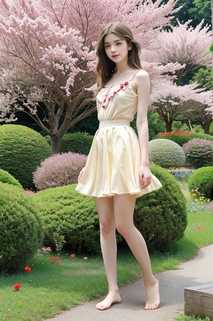 15 year old beautiful girl、best image quality、realistic、16k、Beautiful woman、long hair、blonde、blonde、slim、With Bangaster Piece,highest quality,confused, High resolution, Super detailed, 1 girl, kaleidoscopic images, symmetrical pattern, bright colors, geometric shapes, Attractive design, optical illusion, dynamic composition, pantomime art, expressive body language, quiet story, evocative gesture, Visual storytelling, theater, blooming flowers, colorful costumes、colorful petals, Fragrant aroma, panoramic、Full body figure、blessings of nature, Bustling Gardens, peaceful scenery、Taken from a distance、thin waist、bright red lipstick