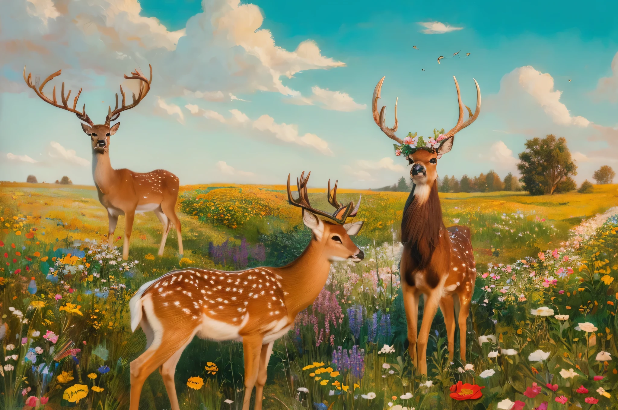 there are two deer standing in a field of flowers, Maksimilijan Vanka&#39;s ultra-detailed paintings, Douban, qajar art, deer, Traditional folk art style, faun, Fred Tomaselli, Flora and Fauna, Gorgeous, Retro European Folk Art, Velvet Art, Jane Newland, Two deers in suits, beautiful depiction