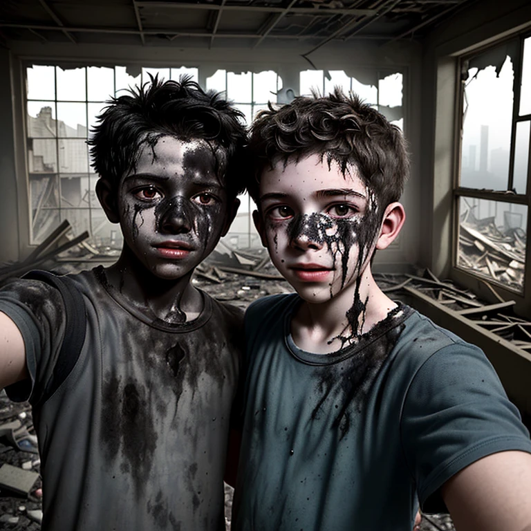 Two boys take a selfie, covered in soot and in ruins after a failed experiment