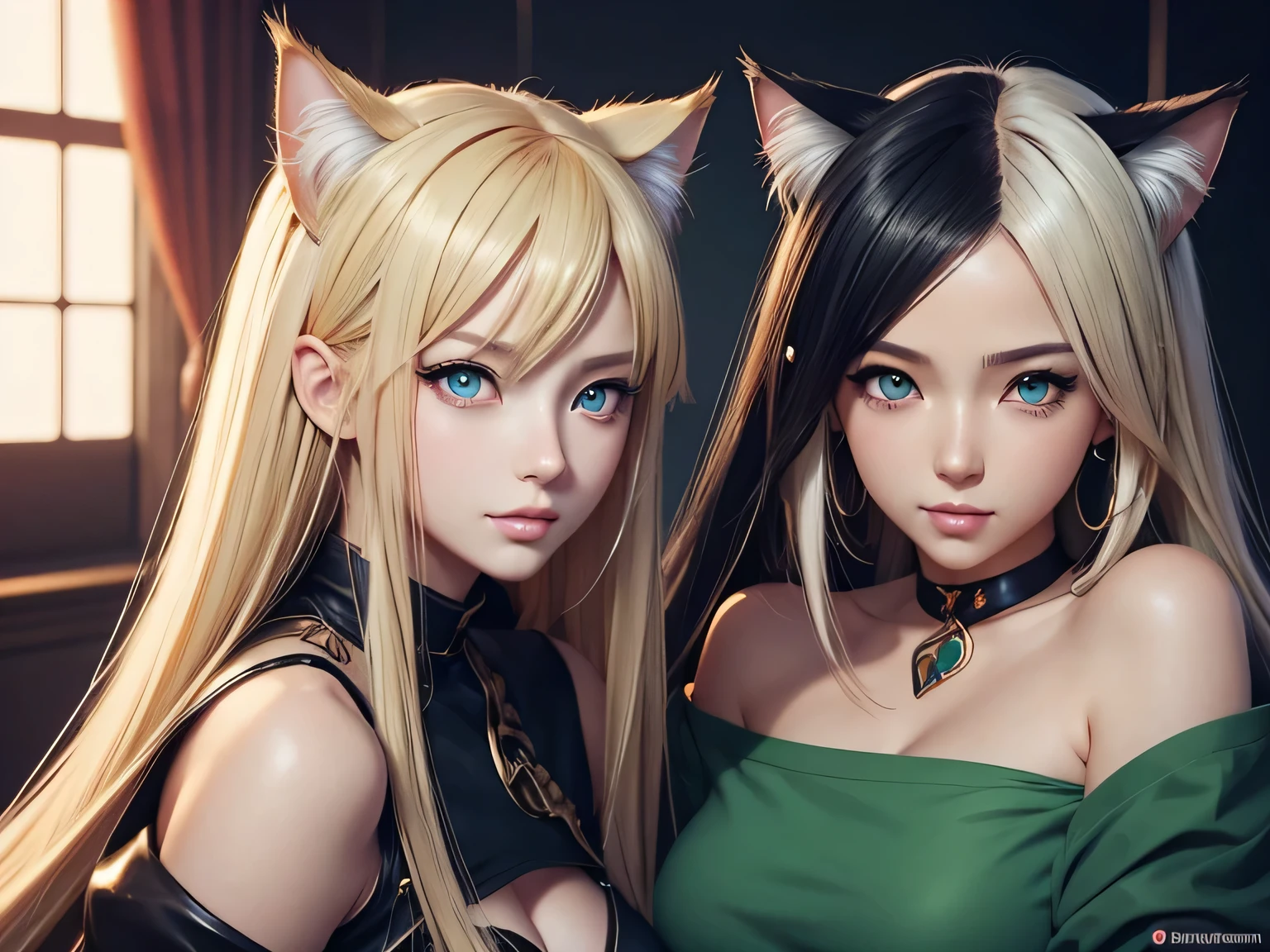 Couple of anime catgirls , one blond with blue eyes other black haired with green eyes kissing on a luxsurious bed , attractive cat girl, ig model | artgerm, fantasy art style, style artgerm, beautiful young catgirl, beautiful anime catgirl, cat - like scarlet eyes, digital anime illustration, artgerm. anime illustration, detailed digital anime art, realistic anime art style, style of artgerm