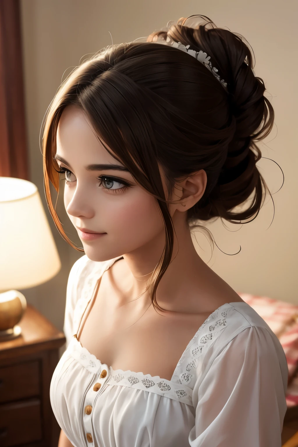 8K, Highest quality, (actual, Realism:1.37), Highest quality, beautiful young woman, A pensive expression, charming, attractive, appearance, Cute maid outfit, Hair tied behind the head, movie background, light skin color, smile,