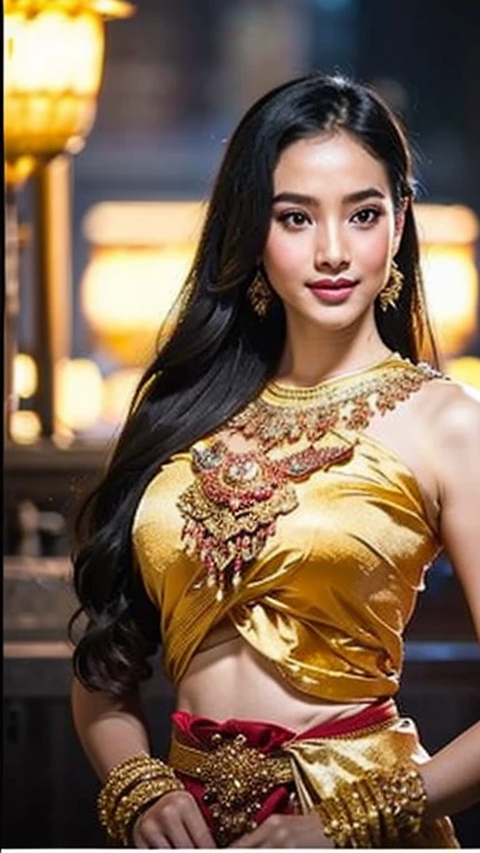 Thaifacemixx, (Virtual image:1.4)、), 1 Thai Girl、dark brown hair、Glowing skin、Spectacular Thai costumes,((The details are extremely realistic.))、realistic light illumination、sparkling eyes、Facing the camera ,Masterpiece、Asian beauty、beautiful studio complete anatomy、、beautiful background、Realistic picture 8k、Highest quality、Masterpiece、very delicate
