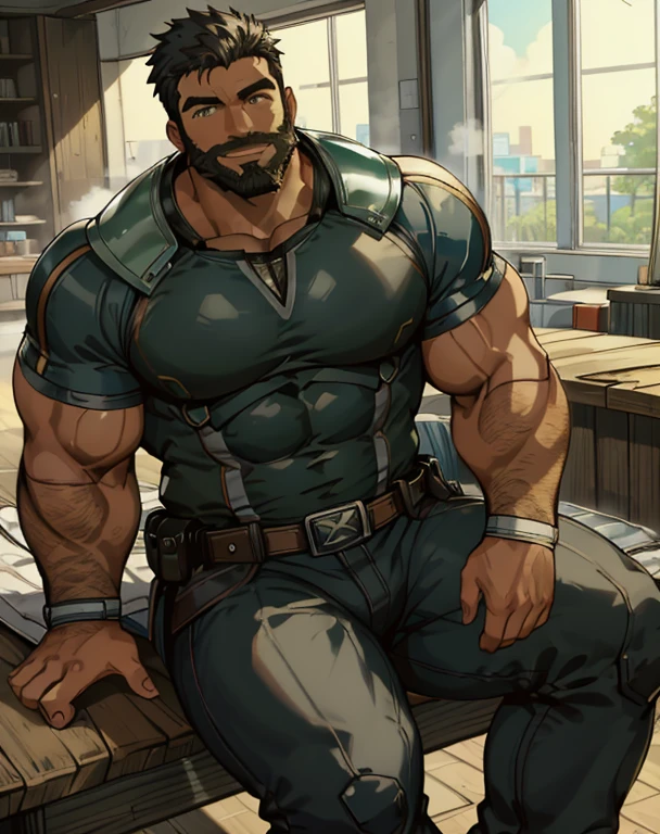 Masterpiece, Best Quality, Ultra-Detailed, 1man, 30 years old, stud, hunk, bara, muscular, jock, huge muscles, black hair, black beard, ((full beard:1.0)), black mustache, green eyes,  ),  looking at the viewer, happy expression, sitting