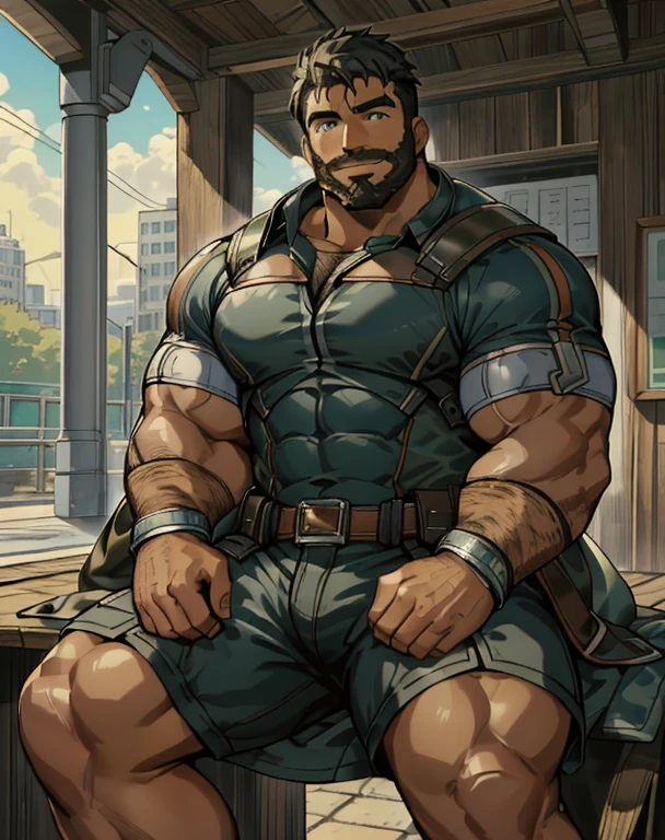 Masterpiece, Best Quality, Ultra-Detailed, 1man, 30 years old, stud, hunk, bara, muscular, jock, huge muscles, black hair, black beard, ((full beard:1.0)), black mustache, green eyes,  ),  looking at the viewer, happy expression, sitting