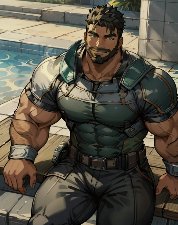 Masterpiece, Best Quality, Ultra-Detailed, 1man, 30 years old, stud, hunk, bara, muscular, jock, huge muscles, black hair, black beard, ((full beard:1.0)), black mustache, green eyes,  ),  looking at the viewer, happy expression, sitting