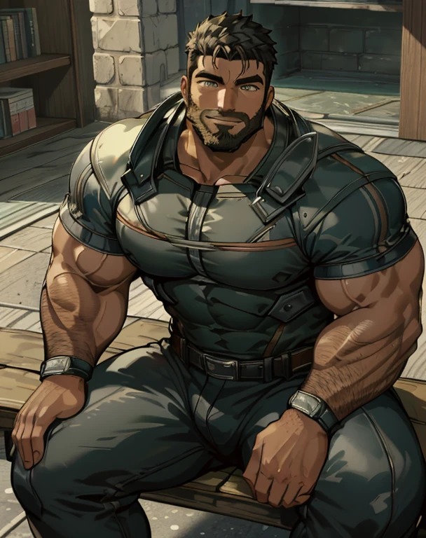 Masterpiece, Best Quality, Ultra-Detailed, 1man, 30 years old, stud, hunk, bara, muscular, jock, huge muscles, black hair, black beard, ((full beard:1.0)), black mustache, green eyes,  ),  looking at the viewer, happy expression, sitting