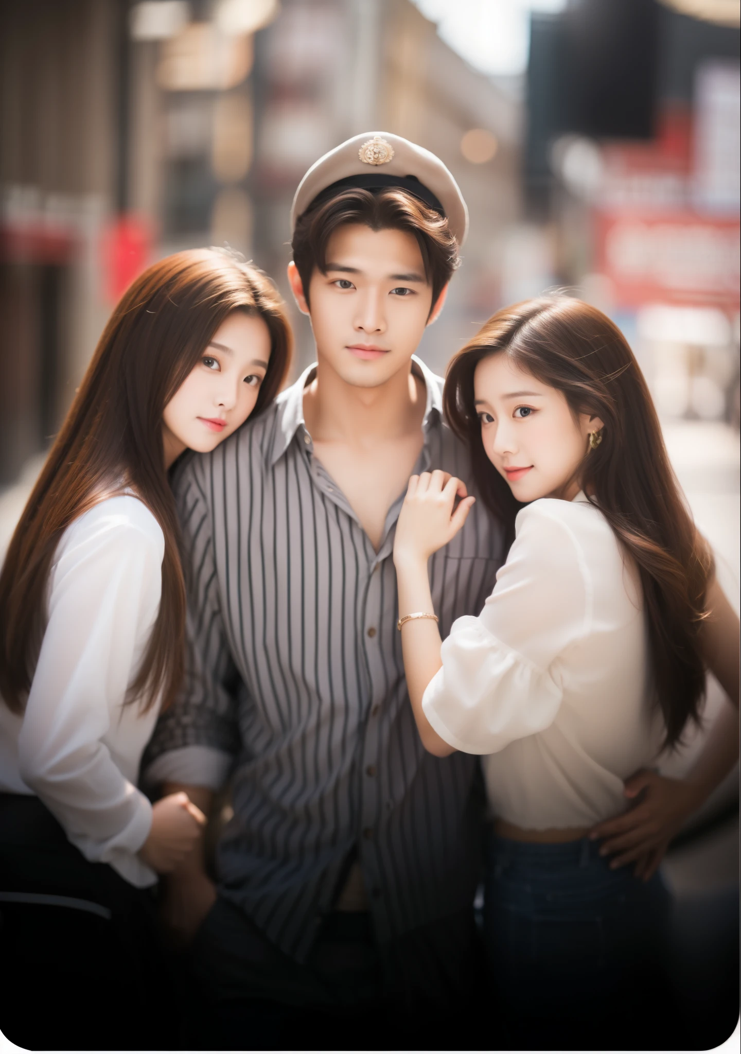 Realistic, couple with two girls and a man, HD quality, 16k, best quality, close each other, perfect face, blur background